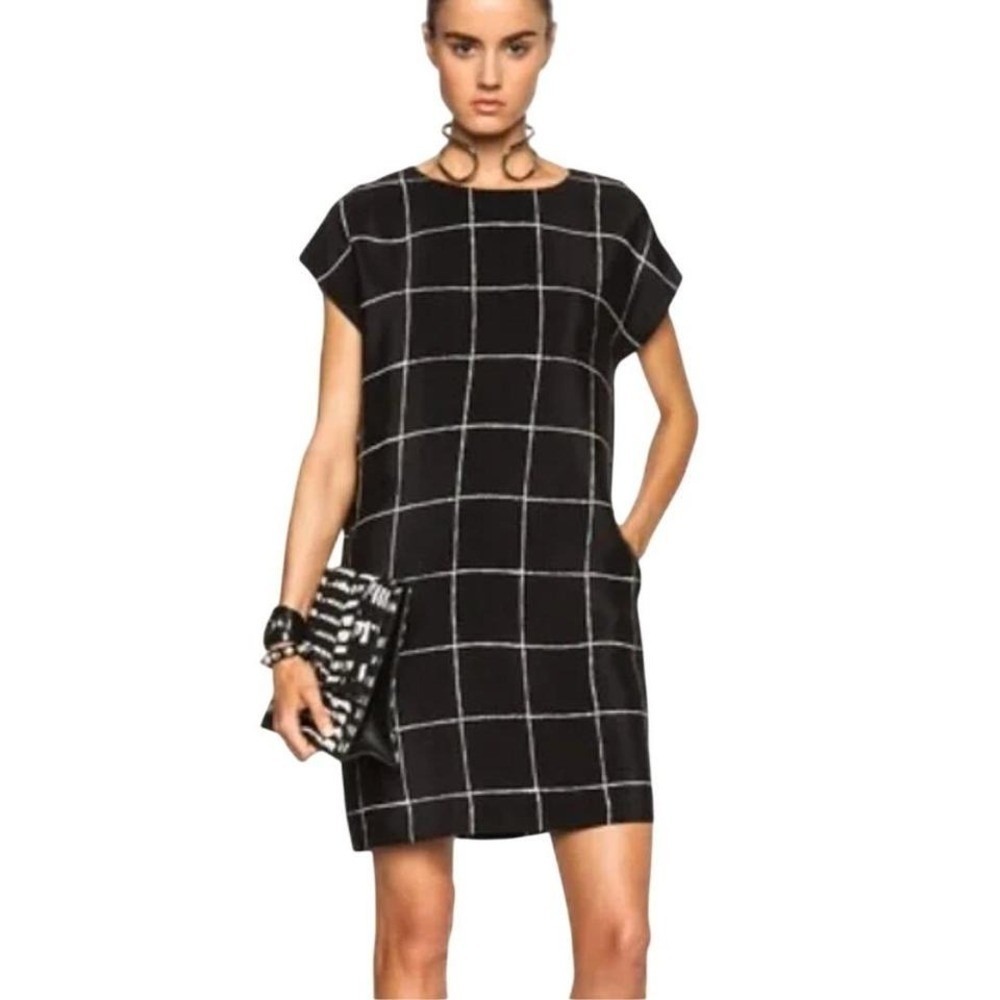 Vince Windowpane Silk Grid Dress Black White Cap Sleeve Shift Midi Women, Medium